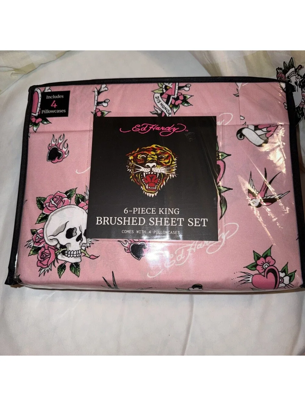 ED HARDY King Pink Sheet Set 6pc New Flowers Skull Roses Heart Grunge Y2K